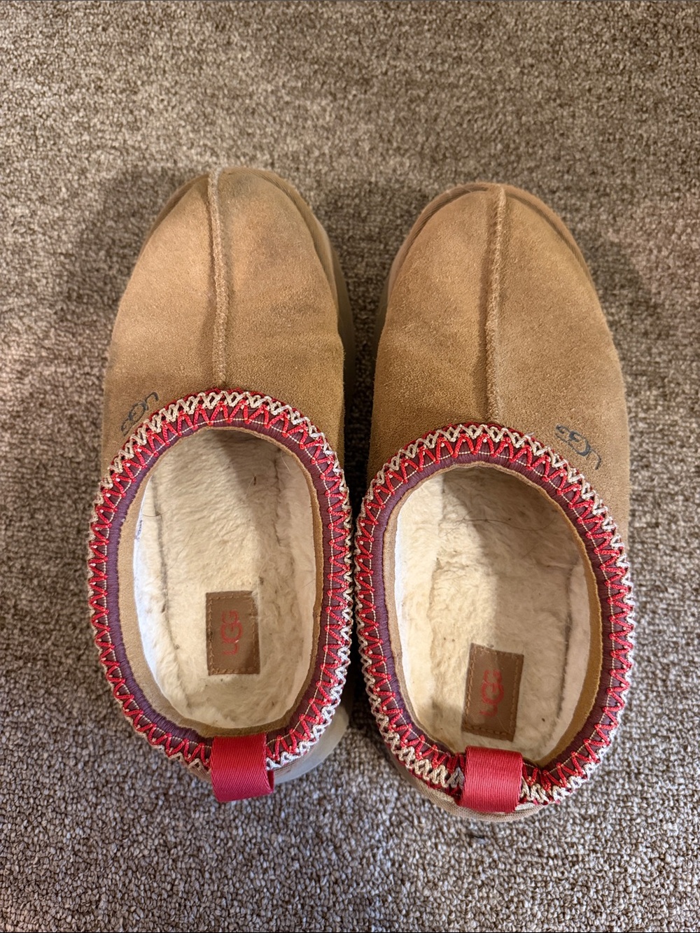 UGG Women's Slip-On Suede Slippers in Chestnut with Red Trim